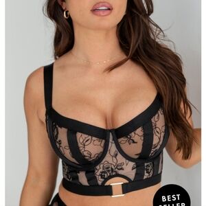 NWOT Pour Moi India Embroidery Underwired Bustier - Black/Cosmetic 32D